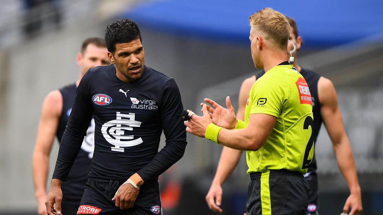 Carlton’s Sam Petrevski-Seton questions the umpire during Sunday’s match against West Coast. Picture: Daniel Carson/AFL Photos via Getty Images