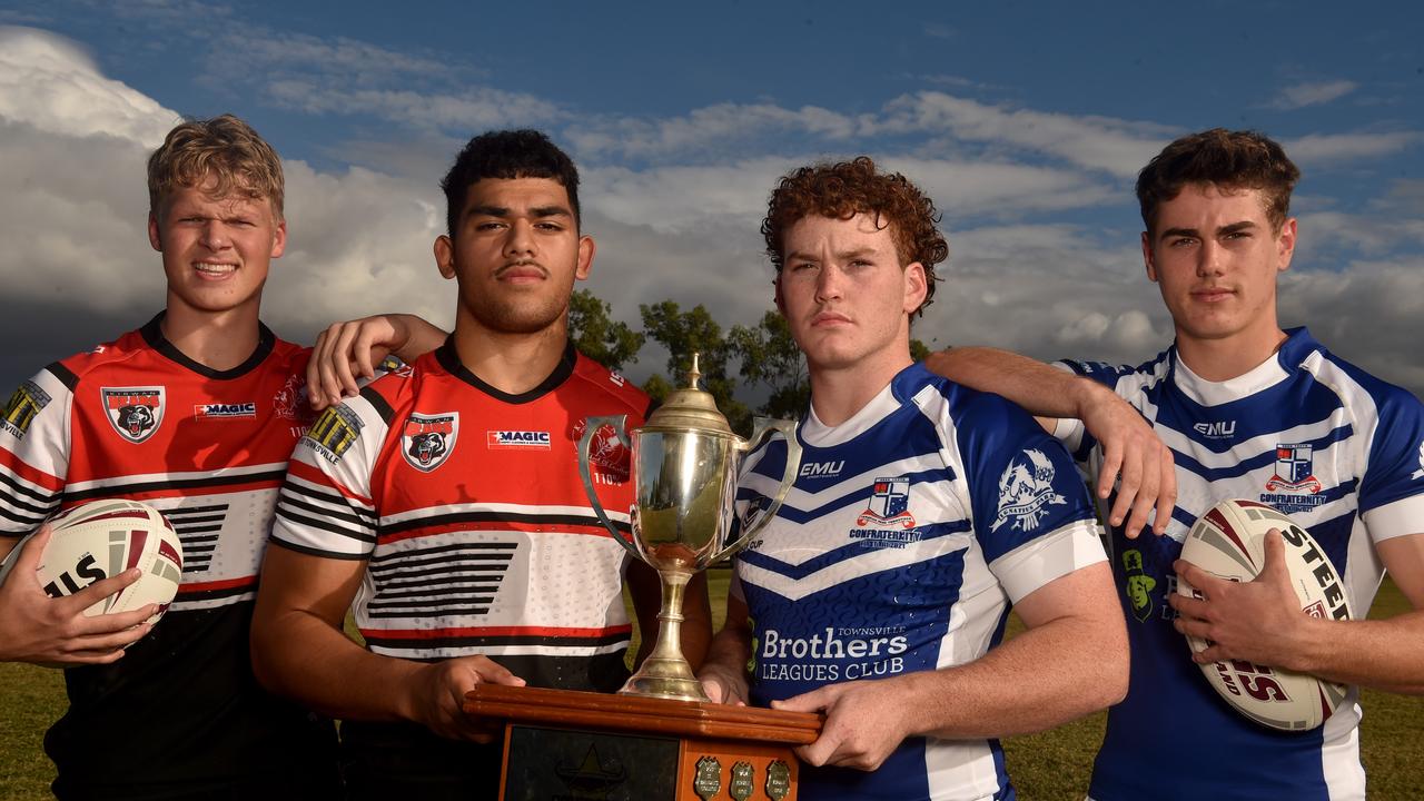 Kirwan High players Chayse Wikins, 17, captain William Latu, 17, with Ignatius Park College players captain Luke Jack, 17, and Thomas Duffy, 17, ahead of their Arron Paybe Cup clash. Picture: Evan Morgan