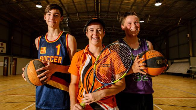 Max, 15, Abbigail, 18 and Eli, 17 at Peterborough’s basketball stadium, which has received a major upgrade as part of the Federal Government’s Drought Communities Program. Picture: AAP /Morgan Sette