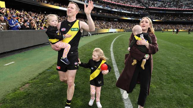 Jack Riewoldt walks a lap of honour with his family after his final AFL game. Picture: Michael Klein