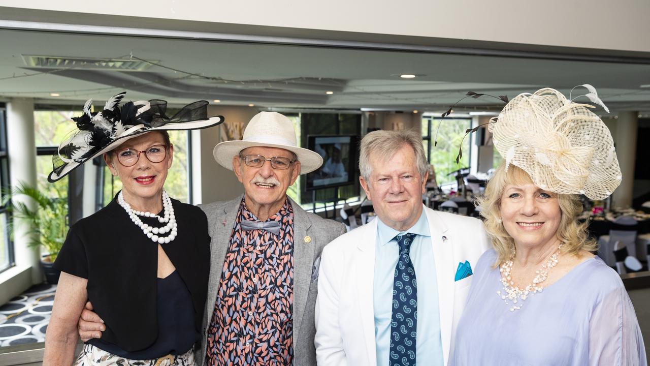 At the Melbourne Cup luncheon hosted by Rotary Club of Toowoomba City are (from left) Cathy Watt, club president Chris Watt, James Venn and Maree Schwerin raising funds for Protea Place, Tuesday, November 1, 2022. Picture: Kevin Farmer