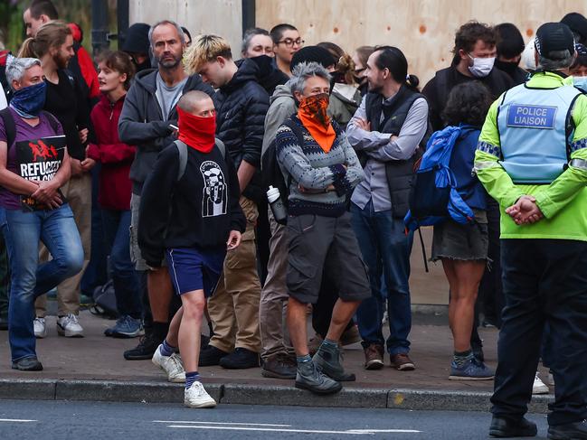 Police patrol as anti-racism counter protesters gather ahead of a potential anti-immigration protest in Preston. Picture: Getty Images