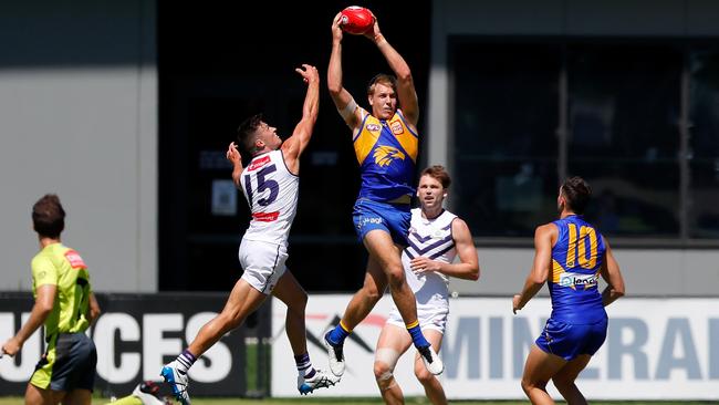 Oscar Allen take a nice mark during the practice match against Fremantle. Picture: Getty