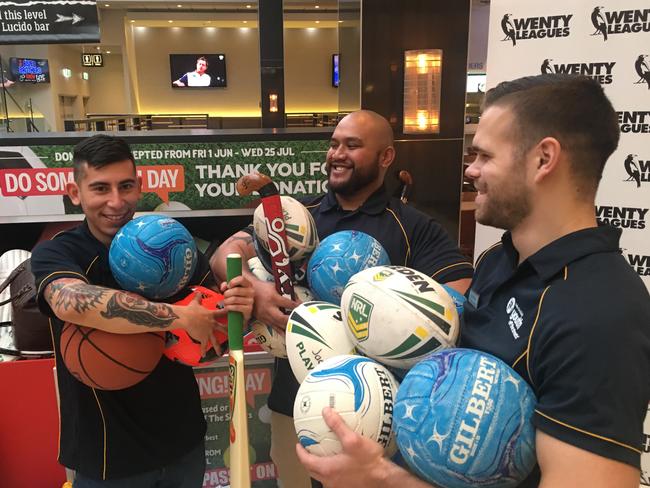 Youth Off The Streets youth worker Marcello Sirma, program manager Joshua Te Tai and fellow youth worker Joel Fitzhenry will have plenty of gear to keep the kids occupied after the donation from Wenty Leagues.