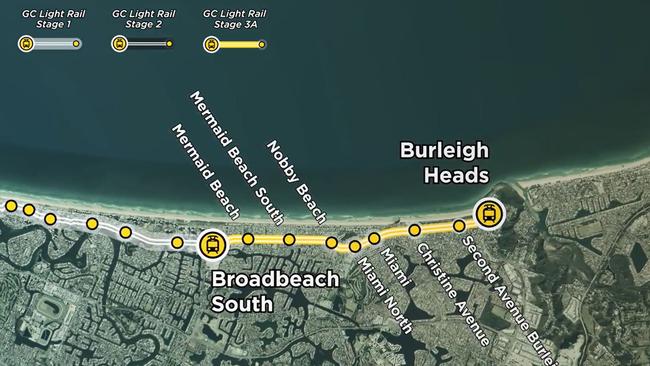 Gold Coast Light Rail Stage 3A route between Broadbeach and Burleigh Heads.