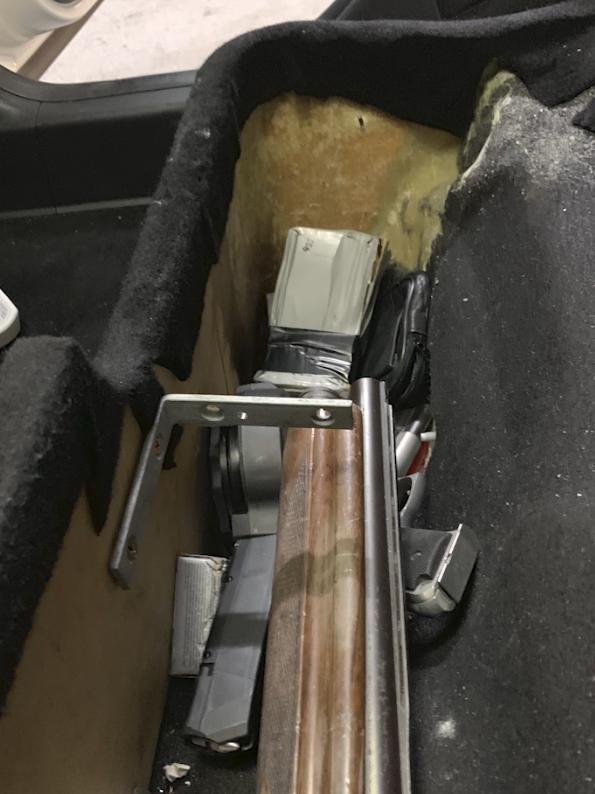 Police allegedly found weapons, including a shotgun, handgun and ammunition under the car’s back seat. Picture: Queensland Police Service