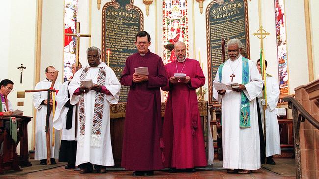 L-R Bishop Arthur Malcolm, Primate of the Anglican Church of Australia Keith Rayner, Archbishop of Adelaide, Most Reverend Ian George and Bishop Ted Mosby at Anglican aboriginal reconciliation at Christ Church, North Adelaide, 20/02/98.