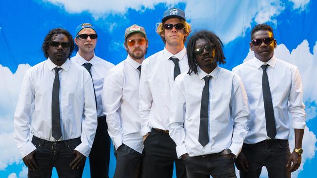 Northern Territory rock band King Stingray, whose second album 'For The Dreams' will be released next week. L-R: Yimila Gurruwiwi, Campbell Messer, Lewis Stiles, Roy Kellaway, Yirrnga Yunupingu and Dimathaya Burarrwanga. Picture: Sam Brumby