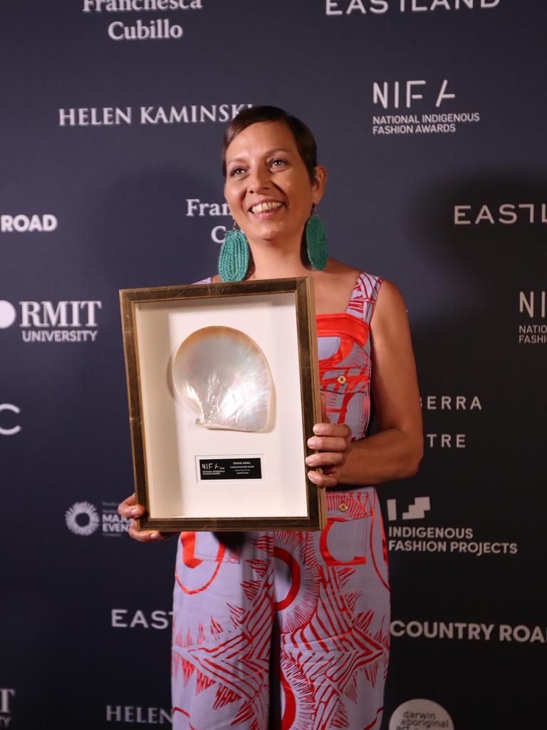 Gunggandji Yarrabah artist Simone Arnol won the Fashion Designer Award at the 2024 National Indigenous Fashion Awards on Larrakia Country, Darwin. Picture: Zizi Averill