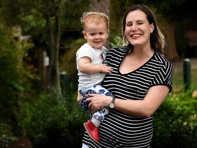 Federal minister for Financial Services and Revenue, Kelly O'Dwyer, with her daughter Olivia. Picture: David Smith