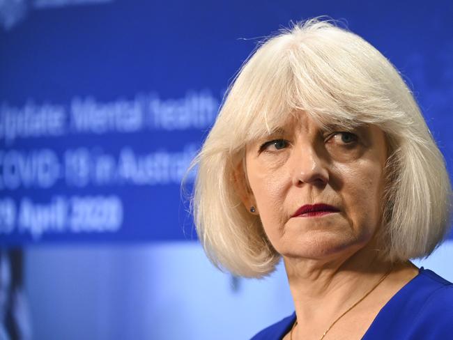 CEO of the National Mental Health Commission Christine Morgan speaks to the media during a press conference at Parliament House in Canberra, Wednesday, April 29, 2020. (AAP Image/Lukas Coch/Pool)