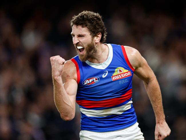 MELBOURNE, AUSTRALIA - MAY 31: Marcus Bontempelli of the Bulldogs celebrates a goal during the 2024 AFL Round 12 match between the Collingwood Magpies and the Adelaide Crows at The Melbourne Cricket Ground on May 31, 2024 in Melbourne, Australia. (Photo by Dylan Burns/AFL Photos via Getty Images)