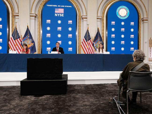 New York Governor Andrew Cuomo holds his daily press briefing at the New York Stock Exchange on the first day it reopened. Picture: Getty Images.