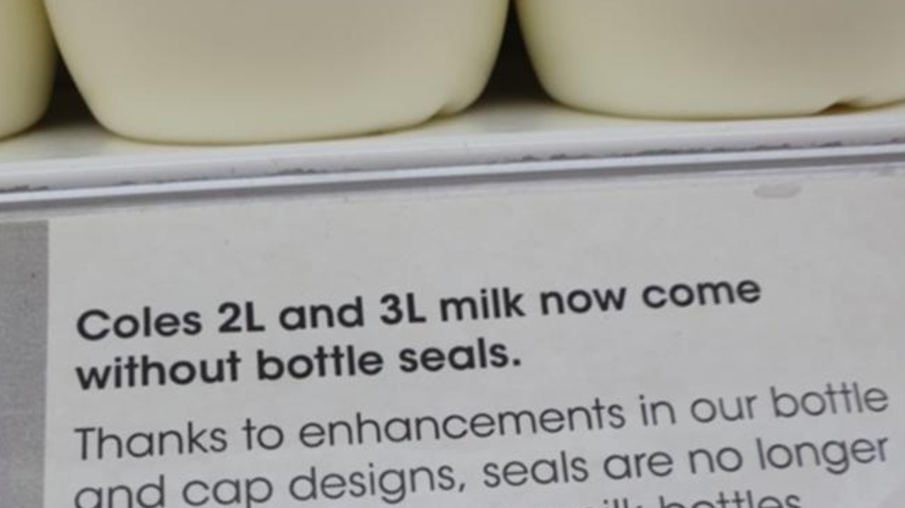 Supermarket giant Coles has announced a major change to its home-brand milk bottles. The 2 litre and 3 litre cartons are all set to become recyclable as plastic bottle seals are phased out across the country. Picture: Twitter