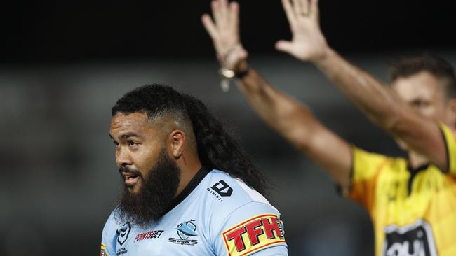 Cronulla’s Siosifa Talakai is sent to the sin bin during the round 7 clash against the Bulldogs. Picture: Jason McCawley/Getty Images