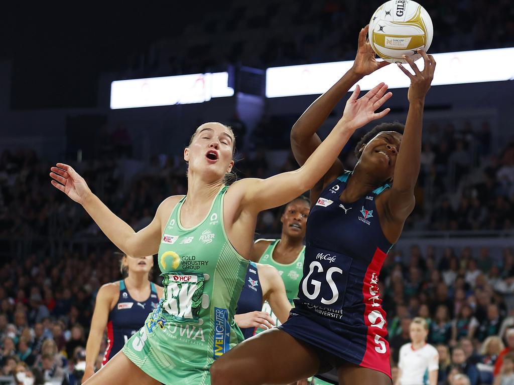 Fever’s Courtney Bruce and Vixens’ Mwai Kumwenda contest the ball during the Super Netball major semi-final match. Bruce was unrelenting throughout. Picture: Daniel Pockett/Getty Images