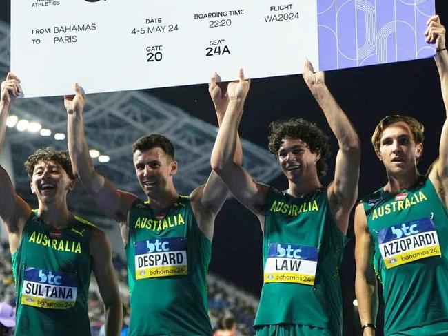 Hobart's Jacob Despard (second from left) helped Australia's 4x100m relay team qualify for the Olympics at the World Relays in the Bahamas on Sunday night. Picture: Athletics Australia