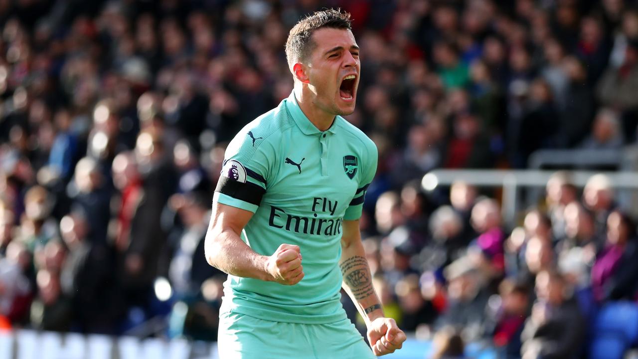 Granit Xhaka celebrates. (Photo by Catherine Ivill/Getty Images)