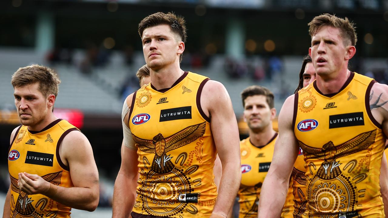 MELBOURNE, AUSTRALIA - JULY 02: Mitch Lewis of the Hawks looks dejected after a loss during the 2023 AFL Round 16 match between the Hawthorn Hawks and the Carlton Blues at the Melbourne Cricket Ground on July 2, 2023 in Melbourne, Australia. (Photo by Dylan Burns/AFL Photos via Getty Images)