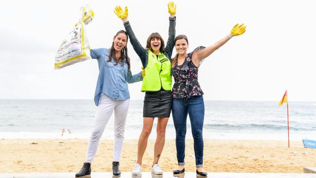 Coogee Bay Hotel staff Melanie Elwood, marketing manager Lindsey Potts and general manager Natasha Brennan at Coogee beach ahead of Clean Up Coogee Day. Picture: Monique Harmer