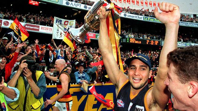 Andrew McLeod celebrates Adelaide’s 1998 grand final win over North Melbourne. Picture: Titus Ray