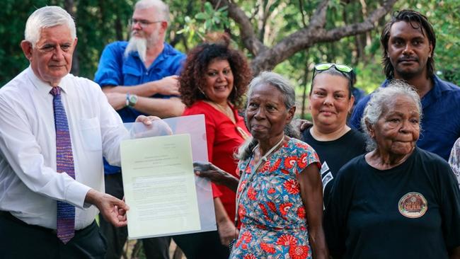 Indigenous Australians Minister Ken Wyatt with members of the Kakadu Aboriginal Land Trust, and their families at the handback ceremony at Cooinda. Picture: Supplied