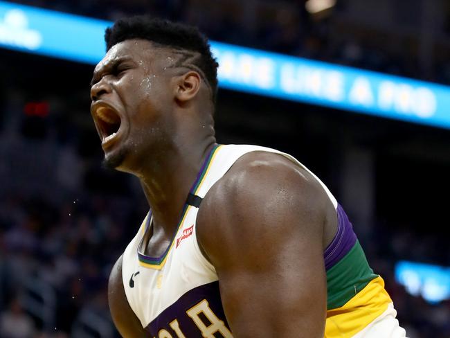 SAN FRANCISCO, CALIFORNIA - FEBRUARY 23:  Zion Williamson #1 of the New Orleans Pelicans reacts after he made a basket and was fouled by the Golden State Warriors at Chase Center on February 23, 2020 in San Francisco, California. NOTE TO USER: User expressly acknowledges and agrees that, by downloading and or using this photograph, User is consenting to the terms and conditions of the Getty Images License Agreement.  (Photo by Ezra Shaw/Getty Images)