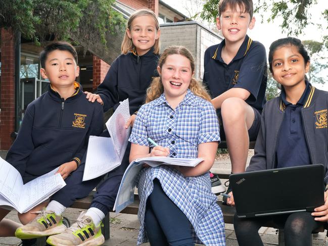 Year 5 students at Goodwood Primary School, (LtoR) Thomas,10, Tas, 10, Georgia,10, Callum, 11, and Aapti, 10, have just received their NAPLAN results. 12 August 2024. Picture Dean Martin