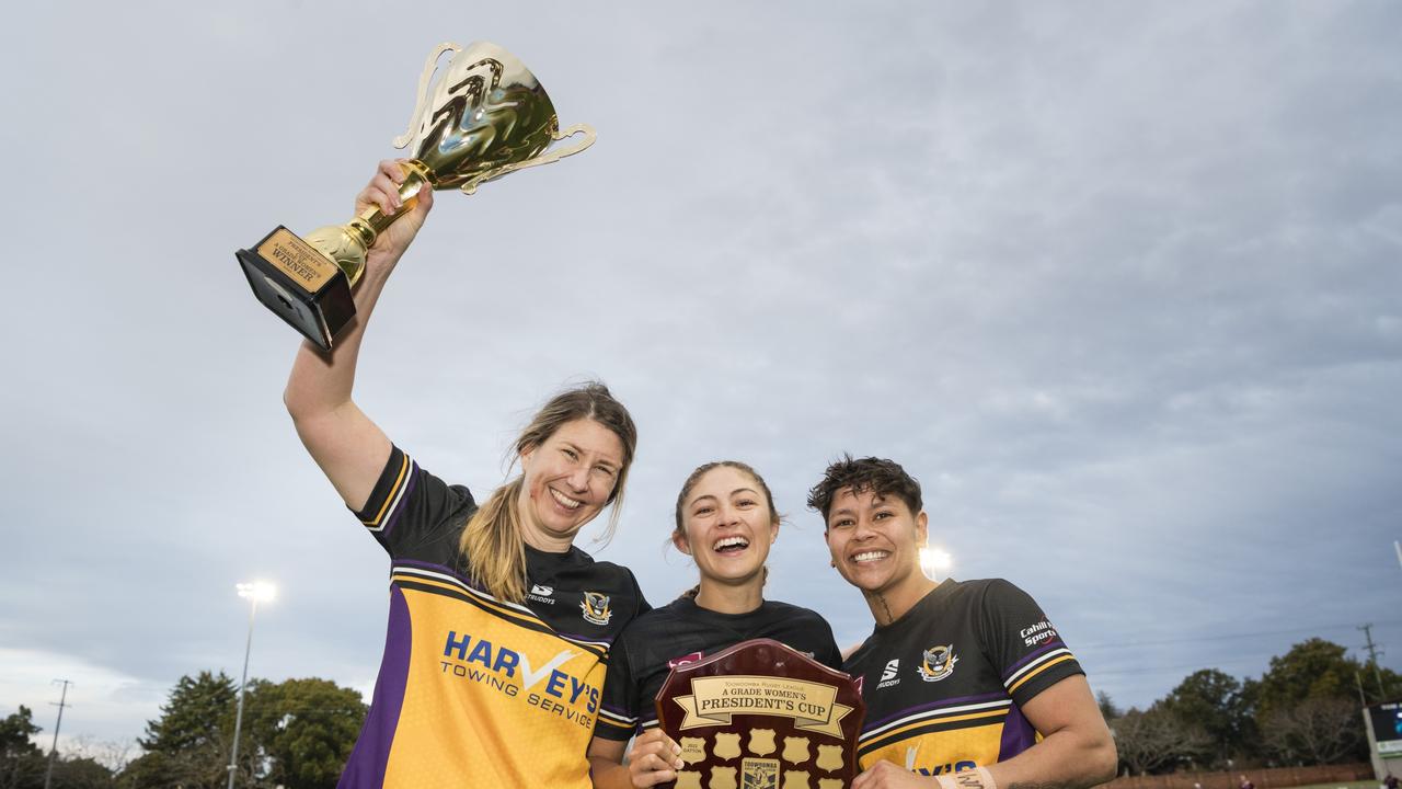 Gatton players (from left) Kimberley Dore, Natalia Webb and Courtney Robinson celebrate the win against Oakey in the TRL President's Cup final. Picture: Kevin Farmer