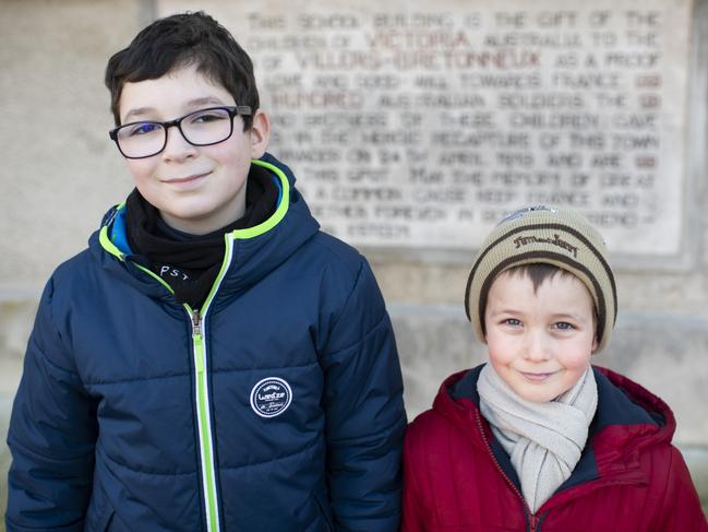 Timeo Didier, 9, and Tilian Delamaide, 7, who both attend Victoria School, which was rebuilt after World War 1 through money raised by Victorians. Picture: Marie Genel