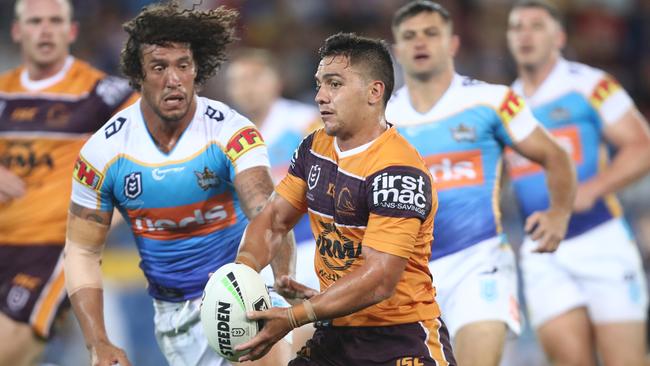 Kodi Nikorima will be feeling the pressure of the young guns on the Broncos squad. Picture: Chris Hyde/Getty Images