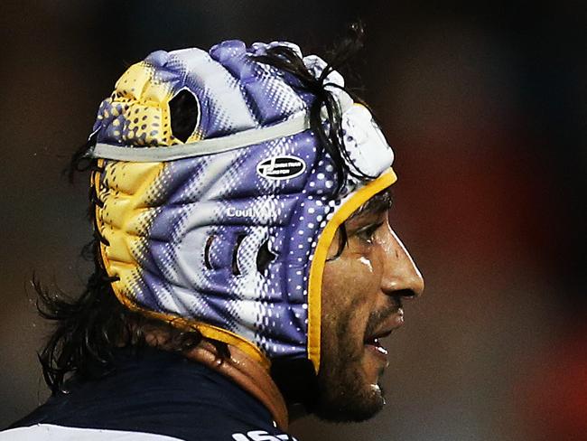 Cowboys Johnathan Thurston and Cowboys Lachlan Coote celebrate their win during NRL match Penrith Panthers v Nth Qld Cowboys at Penrith. pic. Phil Hillyard