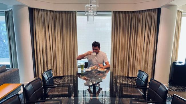 Former Australian Open champion Stan Wawrinka enjoying breakfast while in hotel quarantine Picture: Instagram @stanwawrinka85