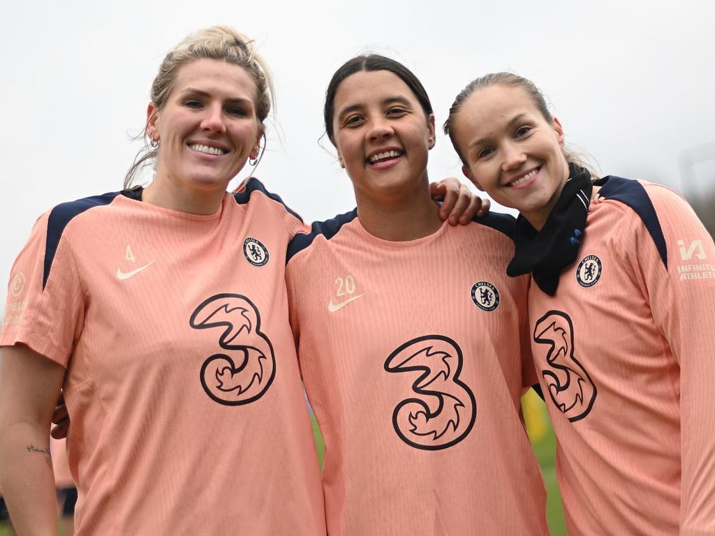 Samantha Kerr poses with Chelsea football club teammates Millie Bright and Guro Reiten. Picture: Supplied