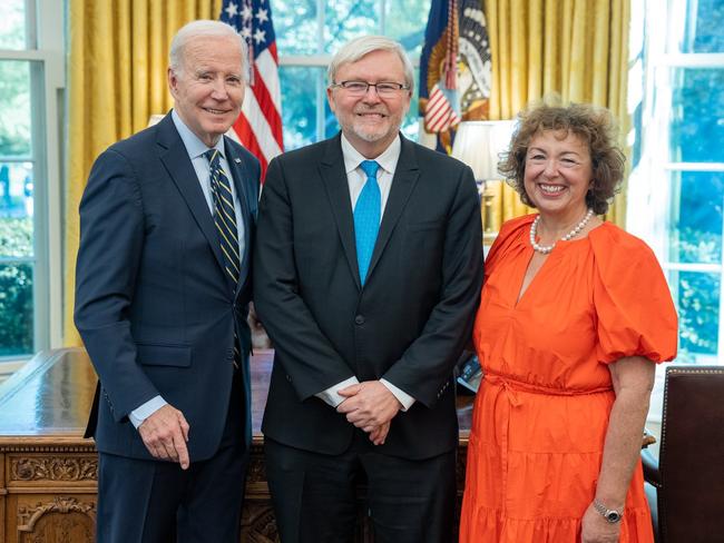 Ambassador of Australia to the United States, Hon Kevin Rudd and his wife Therese, with US President, Joe Biden. Picture: Supplied