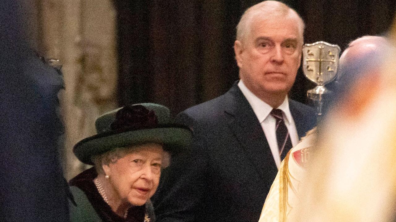 Queen Elizabeth and Prince Andrew arrive together at the Service of Thanksgiving for Britain's Prince Philip, Duke of Edinburgh, at Westminster Abbey. Picture: Richard Pohle/AFP