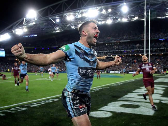 James Tedesco celebrates the winning try during Game 3 in 2019.