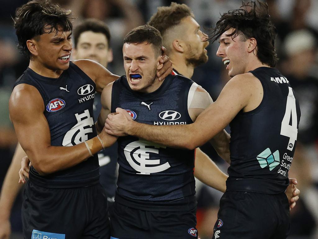 NCA. MELBOURNE, AUSTRALIA. August 25, 2024. AFL Round 24. Carlton vs St Kilda at Marvel Stadium. Orazio Fantasia of the Blues celebrates a 3rd quarter goal . Pic: Michael Klein