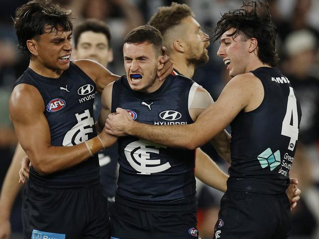 NCA. MELBOURNE, AUSTRALIA. August 25, 2024. AFL Round 24. Carlton vs St Kilda at Marvel Stadium. Orazio Fantasia of the Blues celebrates a 3rd quarter goal . Pic: Michael Klein