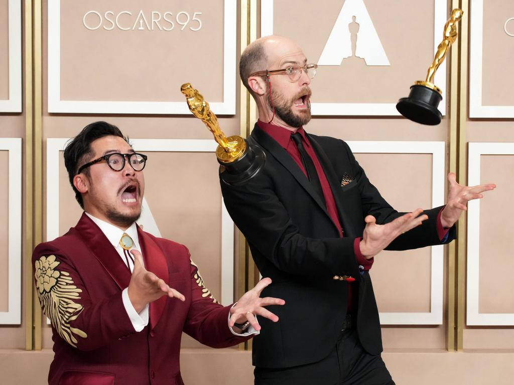 Dan Kwan and Daniel Scheinert, winners of the Best Director and Best Picture award for Everything Everywhere All at Once, celebrate in the press room. Picture: Jeff Kravitz/FilmMagic