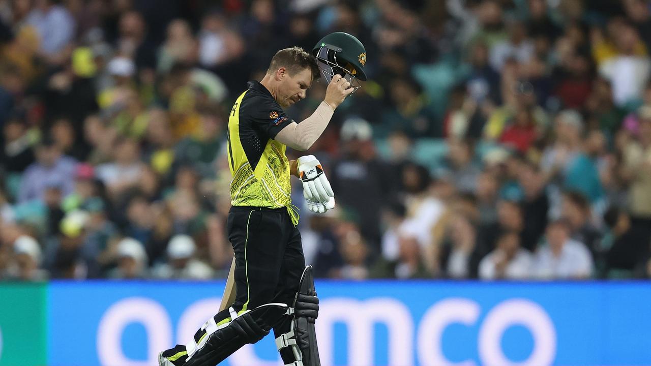 David Warner’s freak dismissal was emblematic of Australia’s woes on Saturday. Picture: Getty