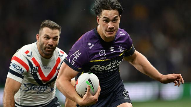 MELBOURNE, AUSTRALIA - SEPTEMBER 27: Jack Howarth of the Storm runs the ball during the NRL Preliminary Final match between the Melbourne Storm and Sydney Roosters at AAMI Park on September 27, 2024 in Melbourne, Australia. (Photo by Quinn Rooney/Getty Images)