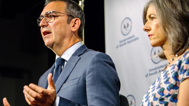 Premier Steven Marshall with Chief Public Health Officer Associate Professor Nicola Spurrier. Picture: AAP Image/ Morgan Sette