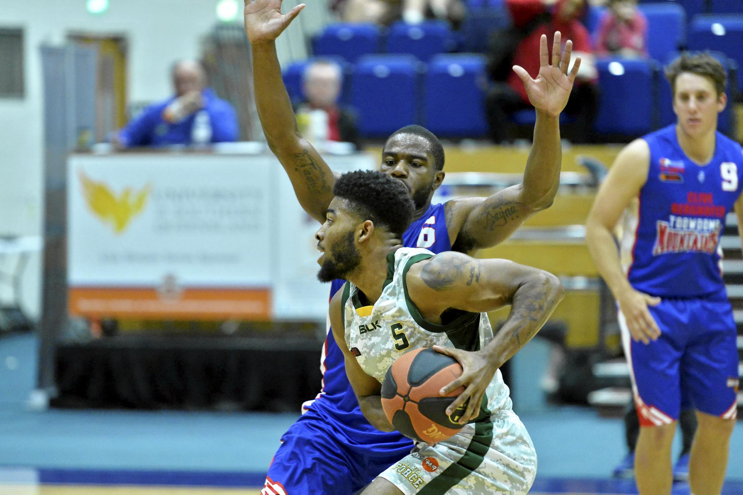 Garrett Hall under the basket for Ipswich Force against Toowoomba Mountaineers in QBL men round seven basketball at USQ's Clive Berghofer Recreation Centre, Saturday, June 9, 2018. Picture: Kevin Farmer