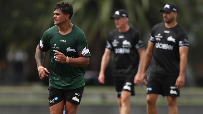 Greg Inglis and Wayne Bennett keep a close eye on the progress of Latrell Mitchell.