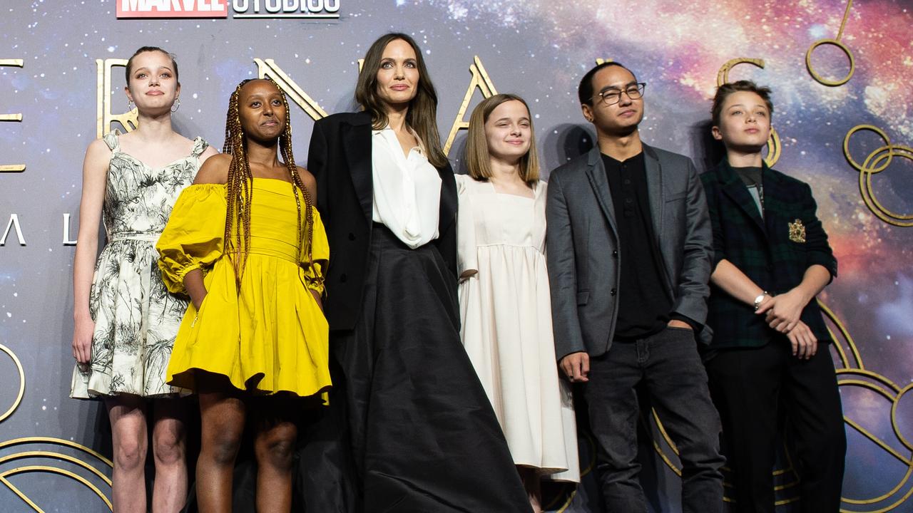 Angelina Jolie with her children Shiloh Jolie-Pitt, Zahara Jolie-Pitt, Vivienne Jolie-Pitt, Maddox Jolie-Pitt and Knox Jolie-Pitt at the Eternals UK premiere. Picture: Jeff Spicer/Getty Images