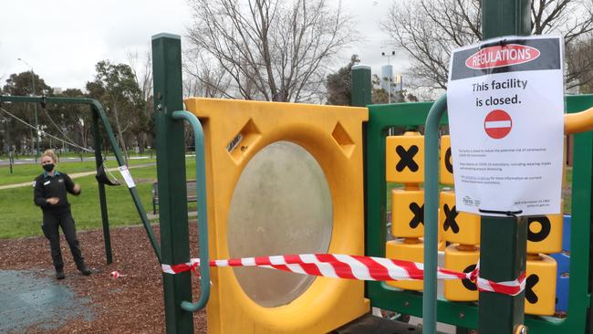 Closed playgrounds in Albert Park, Melbourne, during Covid lockdowns. Picture: NCA NewsWire /David Crosling