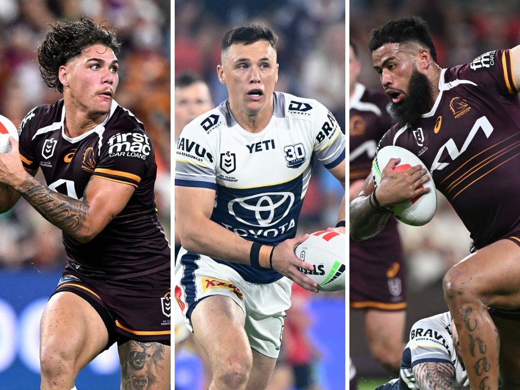 Broncos Reece Walsh and Payne Haas, with Cowboys fullback Scott Drinkwater in the centre.