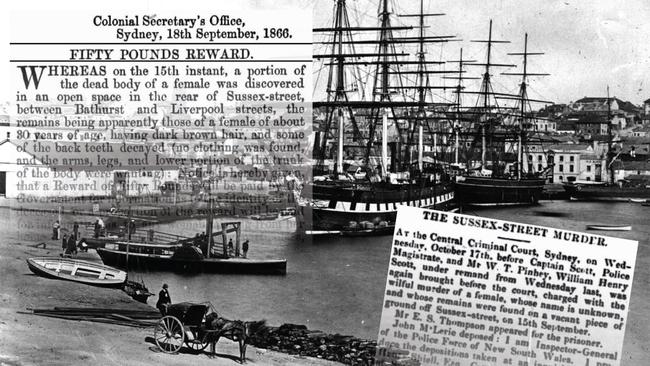 An image of Sydney in 1867 with details of the reward offered to identify the Sussex Street victim and news from the murder trial.