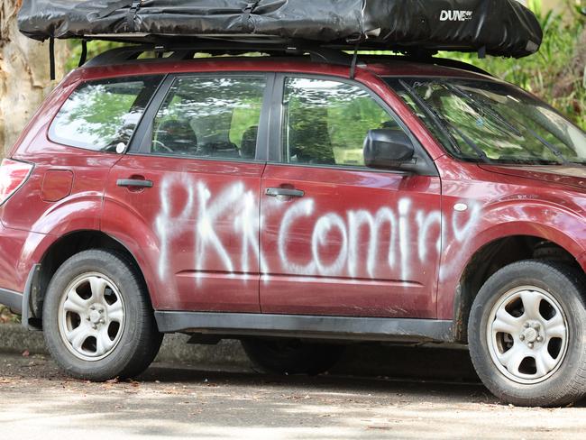 Numerous cars that were damaged overnight with anti-Israel graffiti in Woollahra. Picture: Tim Hunter